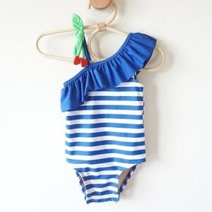 Old Navy Swimsuit Baby 12-18M Blue White Striped One Shoulder Ruffle Cherry
